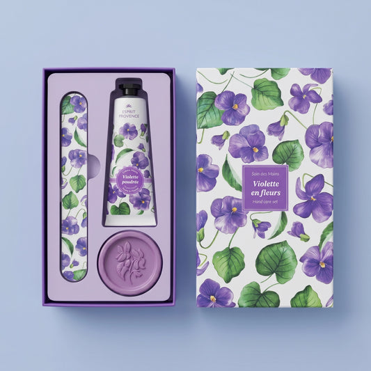 Coffret Soin des Mains Violette en Fleurs , créme, savon et lime à ongles